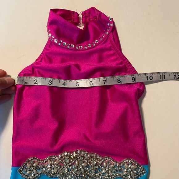 Custom rhinestoned dance costume hot pink Aqua blue leotard child S - Picture 11 of 11